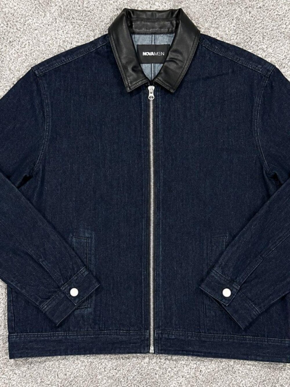 NOVA MEN Dark Wash Denim Zip Jacket Faux Leather Collar